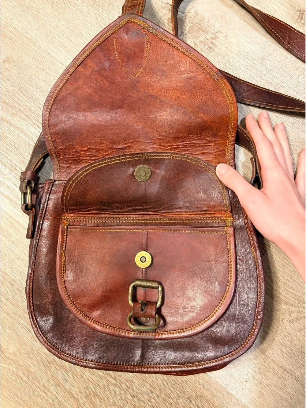 Vintage Brown Leather Crossbody Bag w/ Green Lining Purse WhimsyGoth Goblincore
